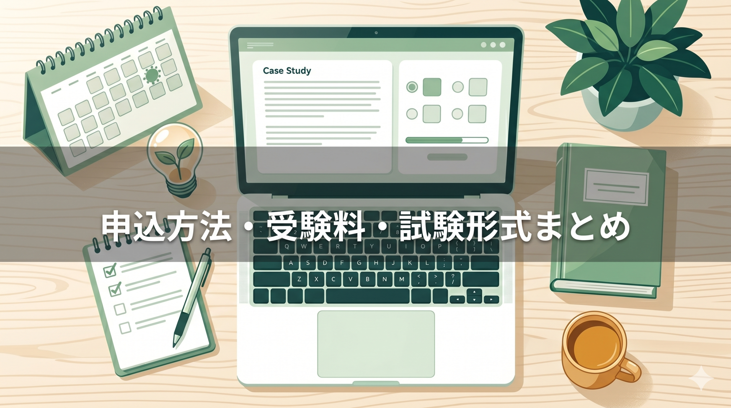 申込・受験料・試験形式まとめ：ノートPCとカレンダー、本、観葉植物が並ぶ試験準備のデスク
