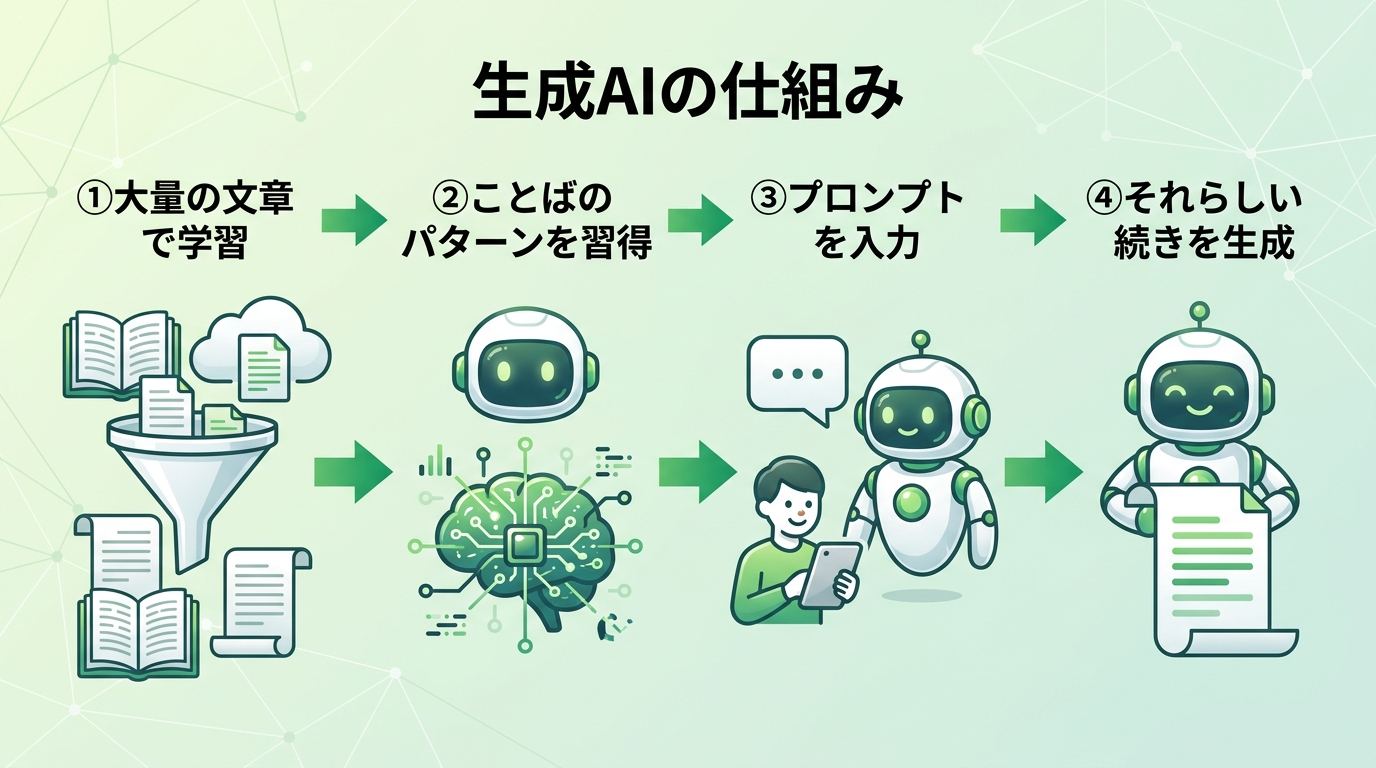 生成AIの仕組みの図。大量の文章で学習しことばのパターンを習得、プロンプトを入力するともっともらしい続きを生成する