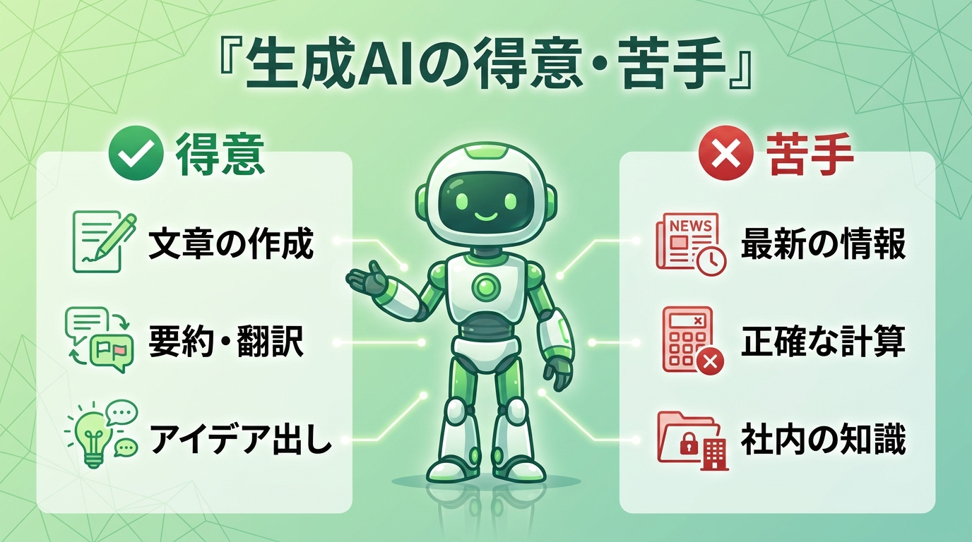 生成AIの得意（文章の作成・要約・翻訳・アイデア出し）と苦手（最新情報・正確な計算・社内の知識）を対比したイラスト