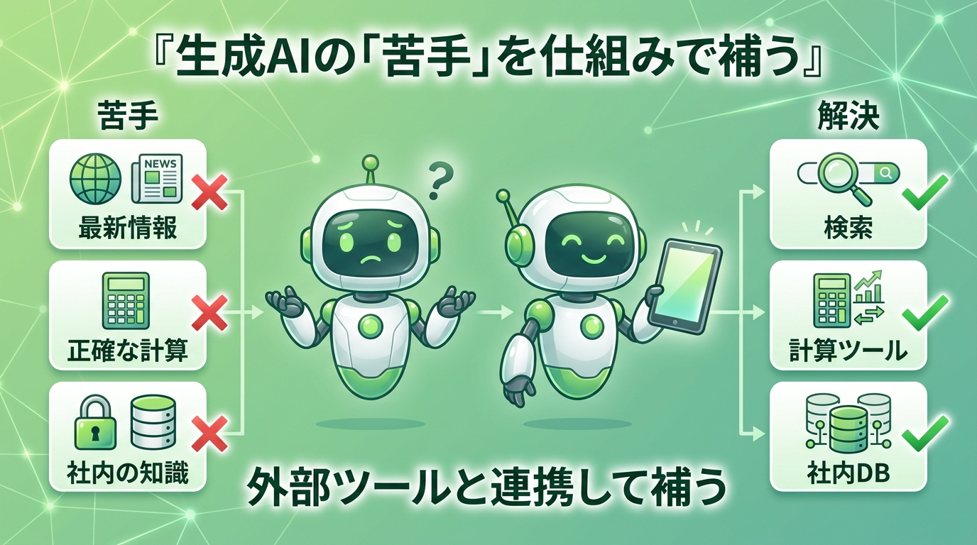 生成AIの苦手（最新情報・計算・社内知識）を、検索・計算ツール・社内DBなど外部ツールと連携して補うことを示したイラスト