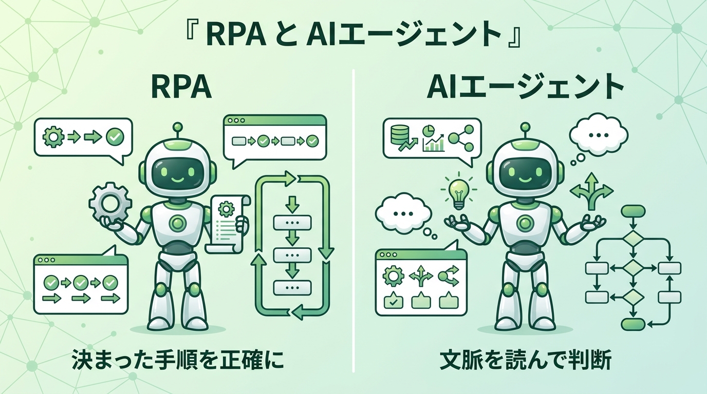 RPAは決まった手順を正確に、AIエージェントは文脈を読んで判断するという違いを比較したイラスト
