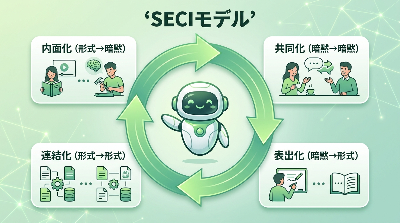 SECIモデルの4フェーズ（共同化・表出化・連結化・内面化）が循環する図