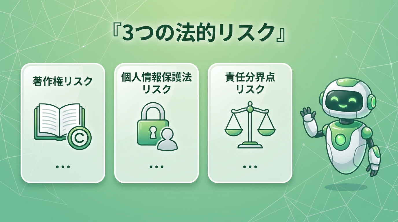 押さえるべき3つの法的リスク（著作権・個人情報保護法・責任分界点）を示した図