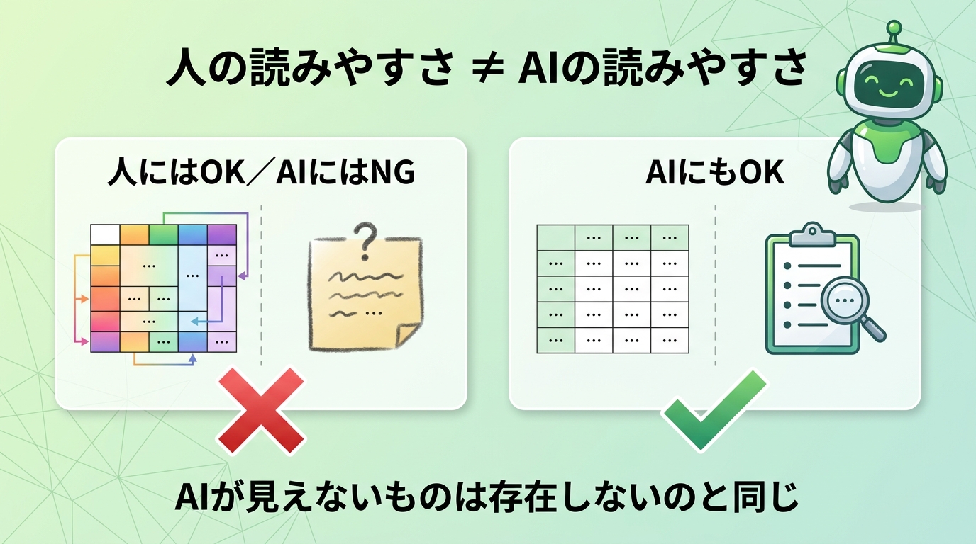 人には読めてもAIには読めないデータ（セル結合・曖昧表現）と、AIにも読めるデータ（1セル1データ・明確な記述）の対比図