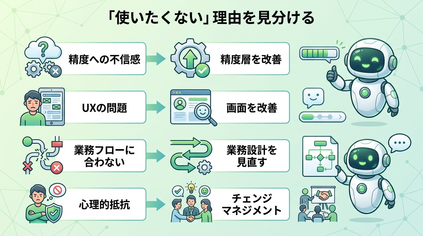「使いたくない」理由の4分類（精度への不信感・UXの問題・業務フロー不適合・心理的抵抗）と打ち手の図