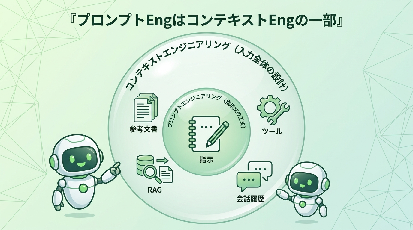 プロンプトエンジニアリングは指示文の工夫で、入力全体を設計するコンテキストエンジニアリングの一部であることを示すベン図
