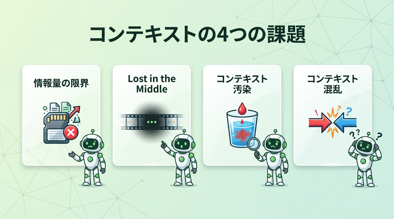 コンテキストの4つの課題（情報量の限界・Lost in the Middle・コンテキスト汚染・コンテキスト混乱）の図