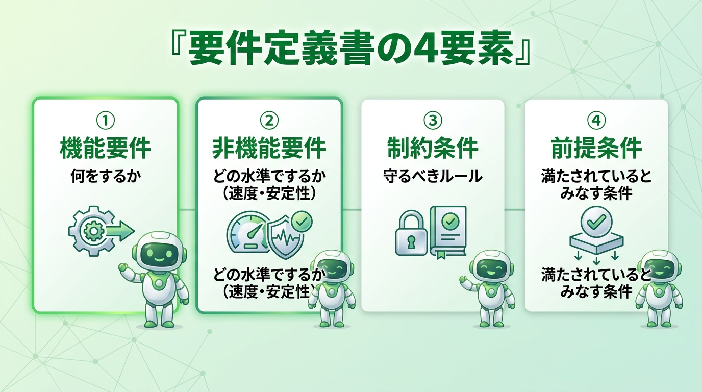 要件定義書の4要素（機能要件=何をするか・非機能要件=どの水準で・制約条件・前提条件）の図