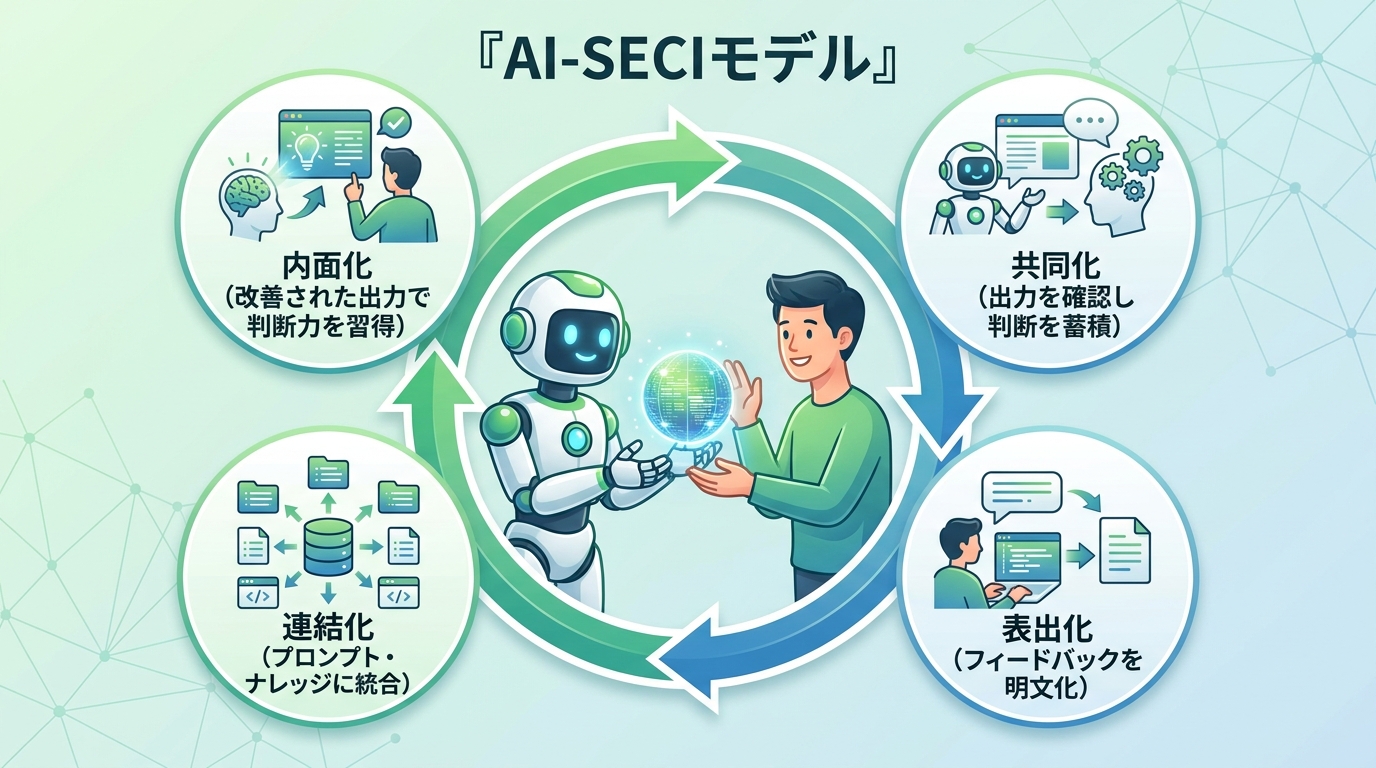 AI-SECIモデル。人とAIの知識循環(共同化→表出化→連結化→内面化)の図