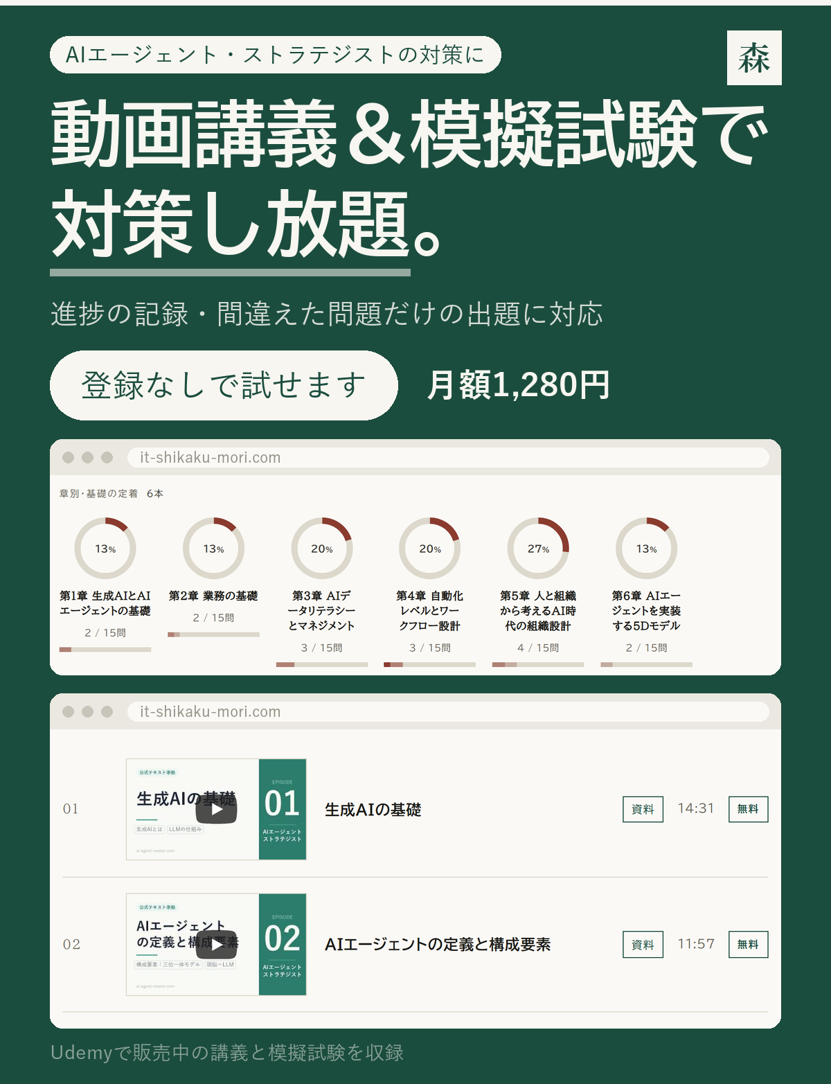 動画講義＆模擬試験で対策し放題｜IT資格の森（月額1,280円）